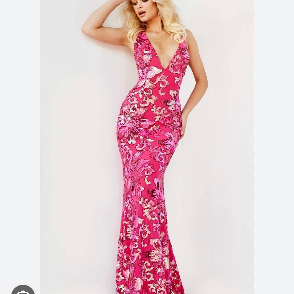 Jovani Fitted Halter Neck Fitted Evening Gown, S 8 Fuchsia Irridescent